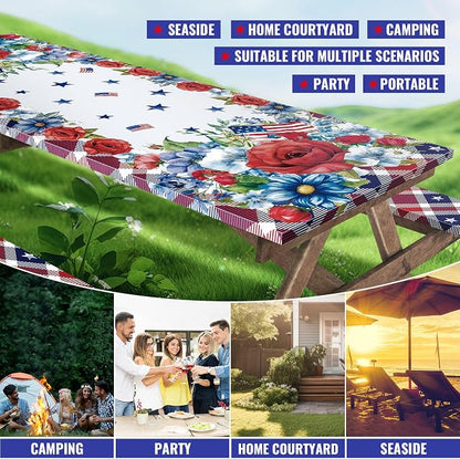 Cinrobiye 84 Inch Picnic Table Cover with Bench Covers, Fitted Elastic Waterproof Picnic Tablecloth with Bench Covers, Red White and Blue American Flag Table Cover for Camping, BBQ, Outdoor Parties