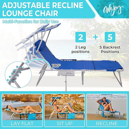 #WEJOY Tanning Chair with Face Hole & Canopy & Side Table, 5 Positions Adjustable Sunbathing Lounge Chair Facedown Chaise Lounge with Pillow Quick Dry for Beach Pool Outdoor Camping Patio,Darkblue