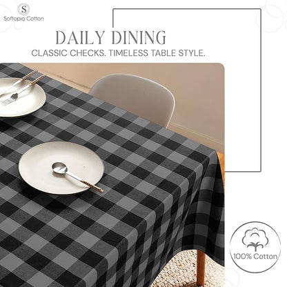Light Grey and Black Buffalo Check Tablecloth, 52x70 Inches, Plaid Table Cover, 100% Cotton, Washable, Reusable Table Linen for Winter Dinners, Holiday Hosting and Everyday Dining