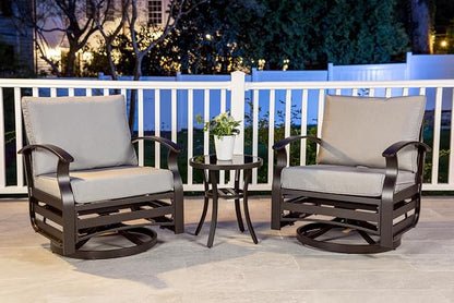 ALAULM 3 Piece Aluminum Outdoor Swivel Chairs High Back Metal Swivel Rocking Chairs with 5.1" Sponge Cushions &1 Coffee Table for Patio, Porch, Backyards, Garden(Grey)