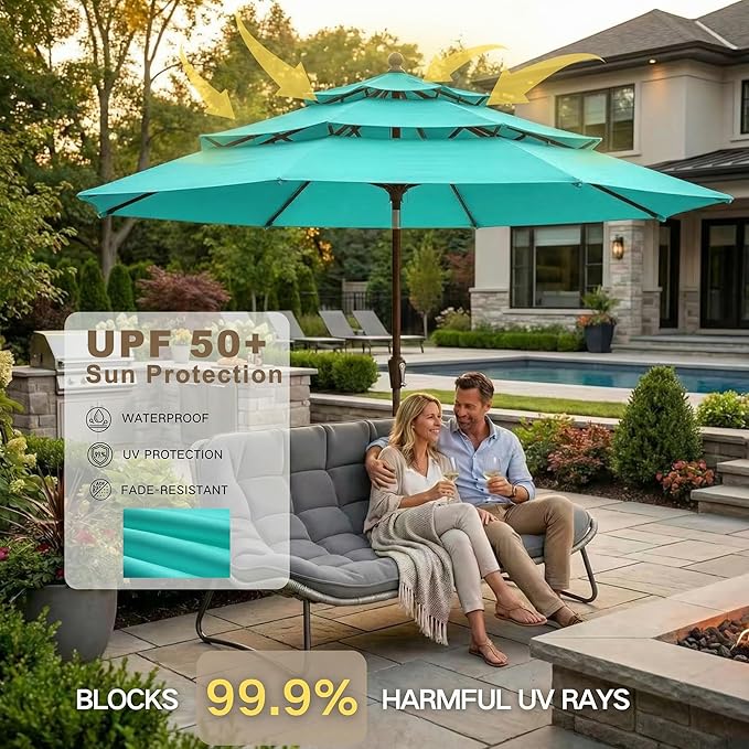 Kingdura 10ft 3-Tier Patio Umbrella, Outdoor Table Umbrella with Easy Crank & Tilt, 8 Reinforced Ribs, UV Protection for Deck, Pool, Market, Backyard (Tiffany blue)