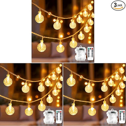 Metaku Globe Fairy Lights Battery Operated 33ft 80LED String Lights with Remote Waterproof Indoor Outdoor Hanging Decorative Christmas Lights for Home Party Patio Garden Wedding (Pack of 3)