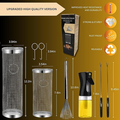 Rolling Grilling Basket for Outdoor Grilling - 2PCS - Stainless Steel BBQ Accessories for Outdoor Grill & Camping - Grill Baskets for Shrimp, Fish, Vegetable & Meat (1M1L) - Bundled with Oil Sprayer & Cleaning Brush