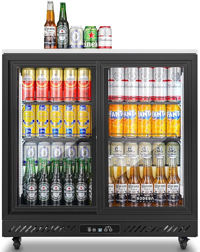 BODEGA BODEGACOOLER Back Bar Cooler,7.7 Cu.ft Commercial Beverage Refrigerator with 2 Sliding Glass Doors, Stainless Steel Top,Beverage Fridge Perfect for Beer,Wine,Soda,DOE Approved