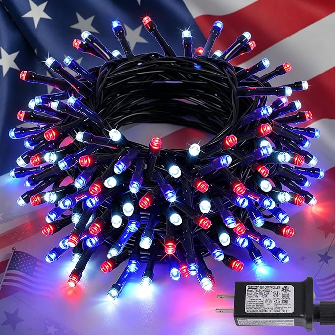 QITONG 4th of July String Lights Outdoor Waterproof, 66ft 200 LED Red White and Blue Patriotic Lights with Plug in, Green Wire Twinkle Tree Lights with 8 Modes