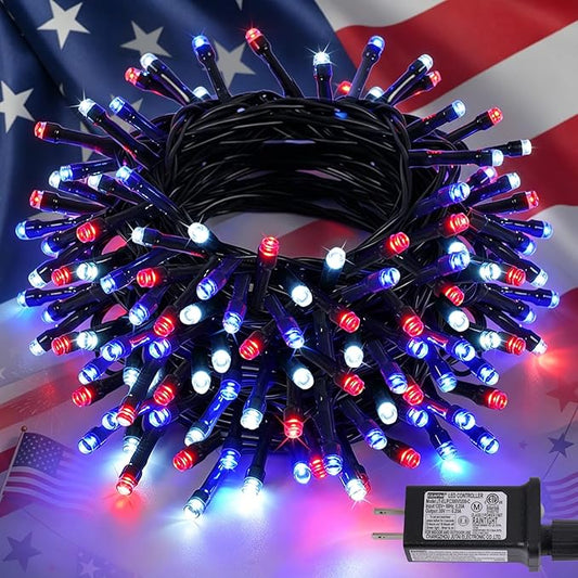 QITONG 4th of July String Lights Outdoor Waterproof, 66ft 200 LED Red White and Blue Patriotic Lights with Plug in, Green Wire Twinkle Tree Lights with 8 Modes
