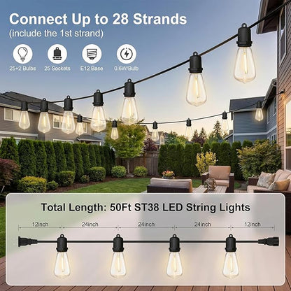 50FT LED Outdoor String Lights - 27 Shatterproof ST38 Edison Bulbs - Waterproof Patio Decor for Outside - Dimmable Bistro Cafe Hanging Lights