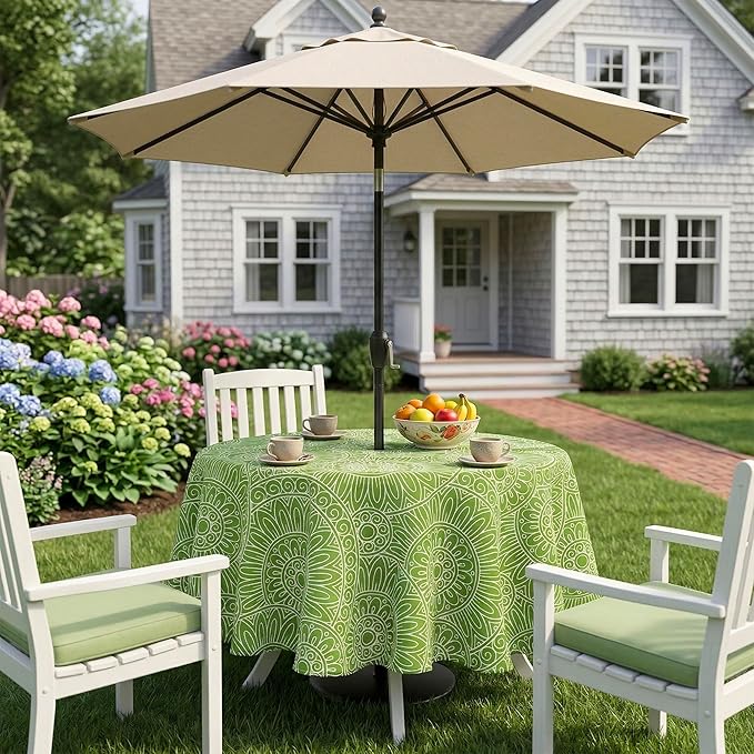 Lamberia 60" Round Patio Tablecloth with Umbrella Hole and Zipper, Waterproof Outdoor Table Cover for Patio, Backyard, BBQ, Picnic & Indoor Dining, Washable Polyester Circular Tablecloth