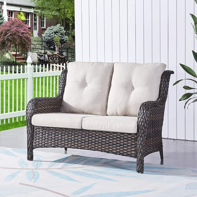 Rilyson Luxury Patio Outdoor Wicker Loveseat, 500 Lbs Weight Capacity Rattan Outdoor 2 seat Sofa Wicker with Deep Seating and Replaceable Cushions for Outside Porch Deck Balcony (Brown/Beige)