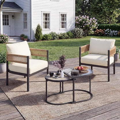 Grand patio 4-Piece Outdoor Conversation Set with 2 Single Chairs and 2 Patio Coffee Tables, Wicker Furniture Set, Natural