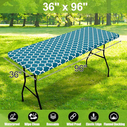 Smiry Picnic Fitted Table Cover, 8 Foot Flannel Backed Vinyl Tablecloth | Waterproof Elastic Stretch Table Cloth, Wipeable Plastic Tablecloth for Camping, Indoor & Outdoor (Turquoise, 36" x 96")