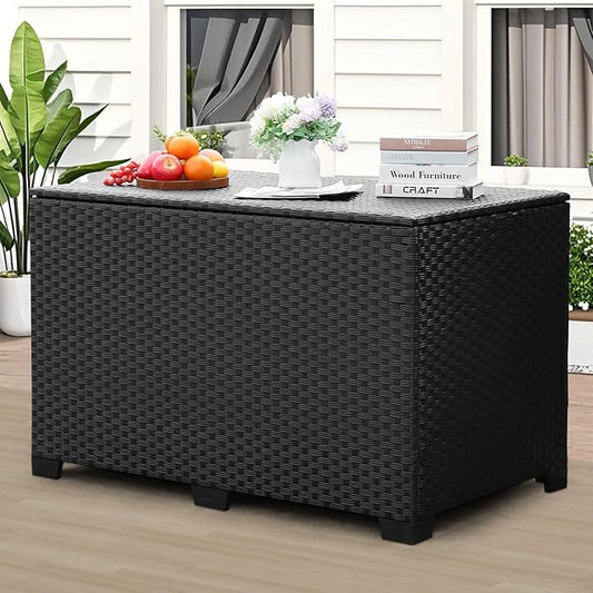 Lviden 140 Gallon Outdoor Storage Box Wicker Patio Storage Bin with Waterproof Lining Bag Deck Box and Cushion Storage Bin Outdoor, Black
