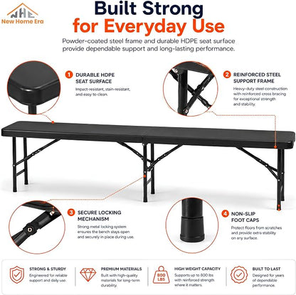 Plastic Folding Bench - Portable Bench Used for Indoor, Outdoor, Picnic, Party, Camping, Dining Seat, Garden Soccer Multipurpose Entertaining Activities (2, Black, 8 Feet)