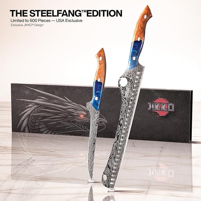 Jikko® SteelFang Edition – Japanese Brisket & Fillet Knife Set with Olive Wood & Blue Epoxy Resin Handles | Premium Butcher & Carving Knives for Meat, BBQ & Fish – Ultra Sharp Stainless Steel Blades