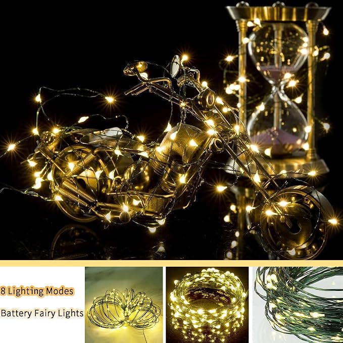 4 Pack Green Wire Fairy Lights Battery Operated Twinkle Lights | 16.4 Ft 50 LED Battery Christmas Lights Waterproof with Auto Timer 8 Modes for Xmas Wreath Tree Decor, Warm White