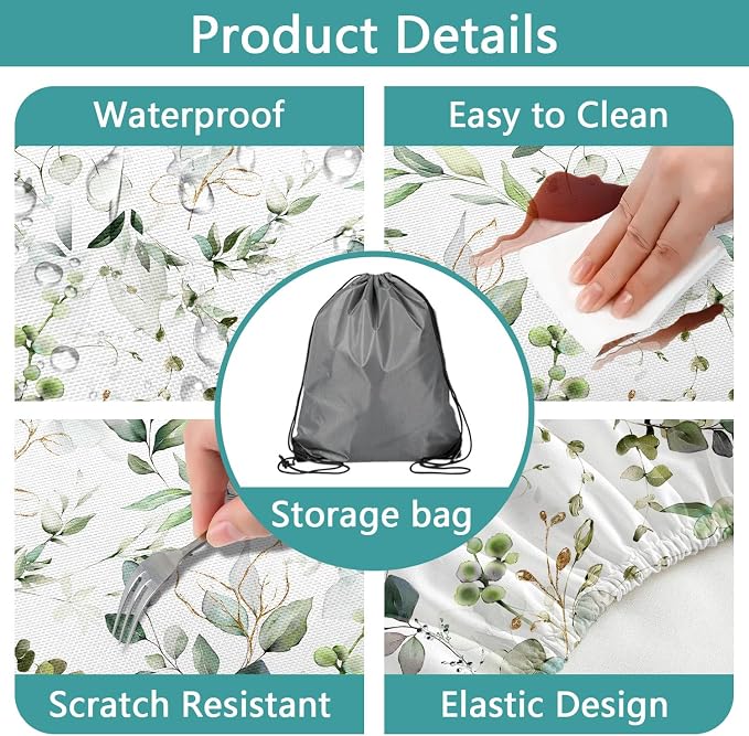 Picnic Table Cover with Bench Covers and Bag, Camping Essentials, Eucalyptus Leaves Outdoor Table Covers, Waterproof Windproof, Fitted Tablecloth Cover with Elastic Edge, 3 PCS, 30x60 Inch