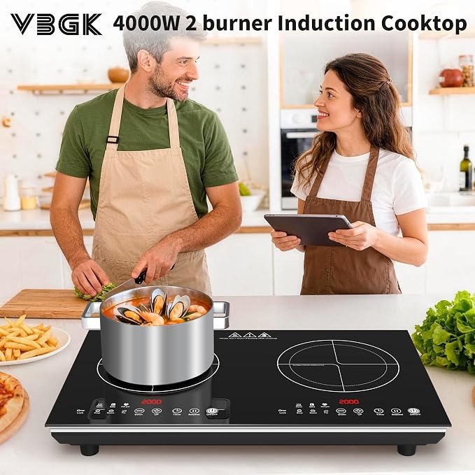 VBGK 2 burner induction cooktop,110V 4000W 2 burner induction plate with Brushed Panel LED touch Control, induction stove top with 10 Power Levels, Kids Lock & 4H Timer