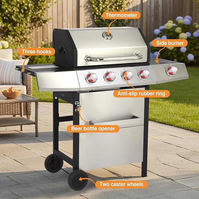 Dual Fuel 4-Burner Gas Grill with Side Burner & Charcoal Trays, 4-in-1 Outdoor BBQ & Griddle Combo, Cast Iron Grates + Flat Top, 448 sq in Large Portable for Backyard Camping
