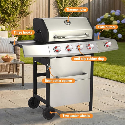 Dual Fuel 4-Burner Gas Grill with Side Burner & Charcoal Trays, 4-in-1 Outdoor BBQ & Griddle Combo, Cast Iron Grates + Flat Top, 448 sq in Large Portable for Backyard Camping
