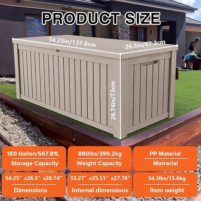 Outdoor Storage Box 185GAL Waterproof Resin Deck Box,Pool Accessories Supplies，UV-Resistant Lockable Package Delivery Bin for Garden Tools,Large Patio Outside Cushions,Chest,Furniture,Grey