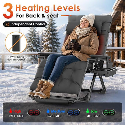 Slendor Heated Oversized Zero Gravity Chairs 33In, XXL Lounge Chair, Black | Anti Gravity Recliner with 3 Heat Levels for Back & Seat, Headrest & Cup Holder, Folding, Supports 500lbs, (Battery Not)
