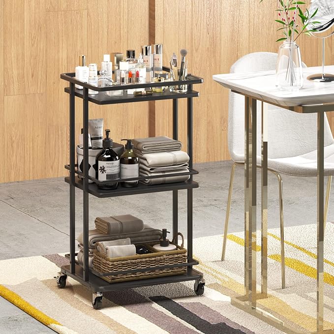 XYZLVSI Bar Cart, Home Bar Serving Cart, 3 Tier Kitchen Shelf with Wheels | Wood and metal, kitchen island storage cart with wheels, multifunction utility cart storage rack for dining room, living room