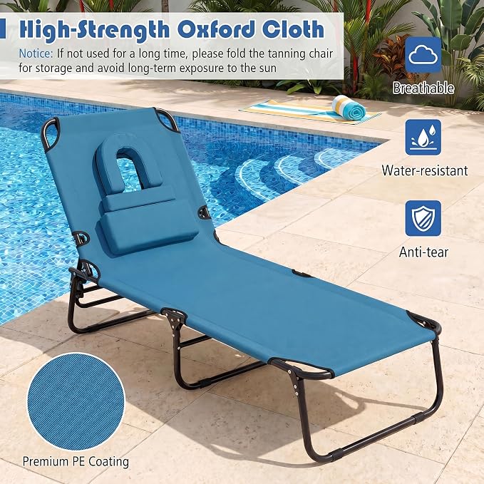 Goplus Tanning Chair, Folding Beach Lounge Chair w/Face Hole, 330LBS Capacity, Removable Pillow, Carry Strap, Adjustable Sunbathing Chair, Patio Chaise Lounger for Outside Lawn Pool Adult