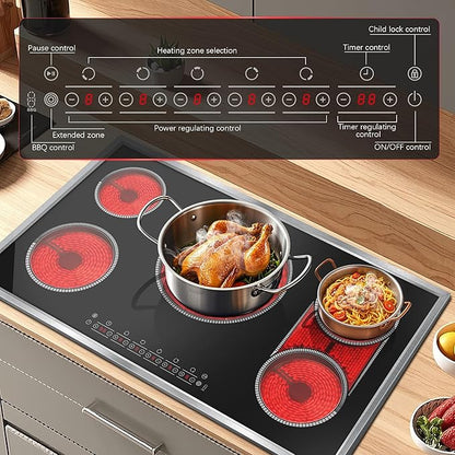 36 Inch Electric Cooktop, 5 Burner Stove Top Touch Control, 36" Glass Ceramic Stove Top 9600W with BBQ & Flexible Zone, Child Lock, Timer, Overheat Protection, 220-240V Hard Wired (No Plug)