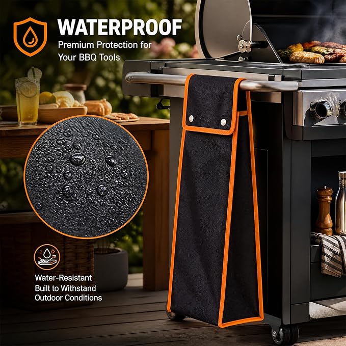 1 Pcs Grill Utensil Storage Bag BBQ Tool Holder Pouch,Orange | Oxford Cloth Foldable Design, Camping Hiking Organizer, Snap Closure Secure, Stands Upright or Flat, Portable Outdoor Pouch