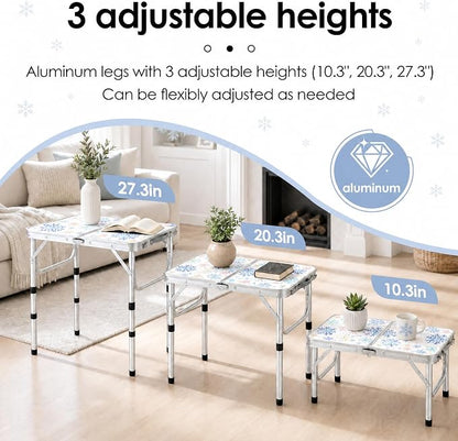 YUFIFAIRY Small Folding Table 2 Foot, Portable Camping Table with Mesh Holders,Lightweight Aluminum Adjustable Height, with Carry Handle for Camping Picnic Indoor Outdoor 24 x 16 x27.5 (Snowflakes)
