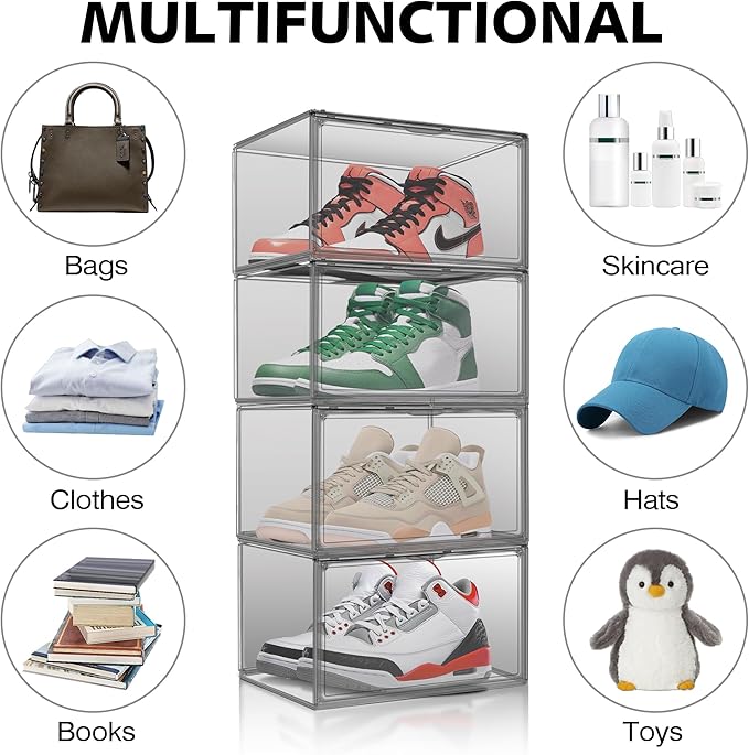 2 Pack Black Acrylic Shoe Boxes, Space-Saving Everyday Sneaker Storage | Size 12, SPACE-SAVING STACKABLE DESIGN – Build upward to organize shoes while using less closet, shelf or floor space.