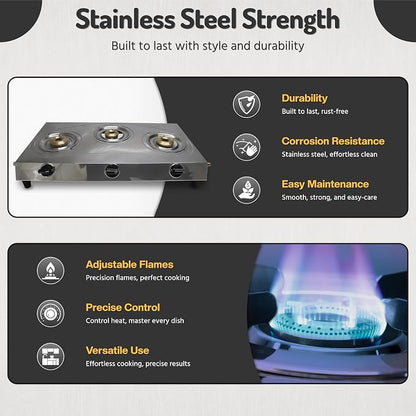 Three Burner Stove Stainless Steel Propane Portable Cooktop Range | Propane Range 3 Burner Cooktop, Indian Style Gas Stove for Outdoor Cooking on 3 Burner Gas Stove Camp Stove