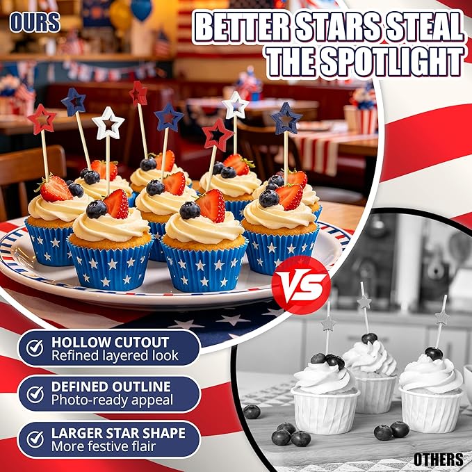 4th of July Cocktail Picks, Red White Blue Star Toothpicks for Appetizers Food Drinks, 4.7 IN Bamboo Fruit Skewers Charcuterie Sticks, Independence Memorial Day Patriotic Party Decorations Supplies
