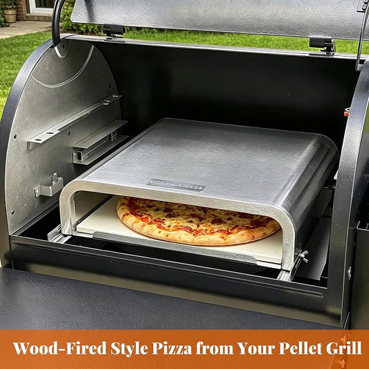 MAJARO Pellet Grill Pizza Oven Attachment with 13" Cordierite Pizza Stone, Stainless Steel Outdoor Pizza Oven Insert, Adjustable 16"-19" Depth, Fits Most Pellet Grills, Up to 800°F