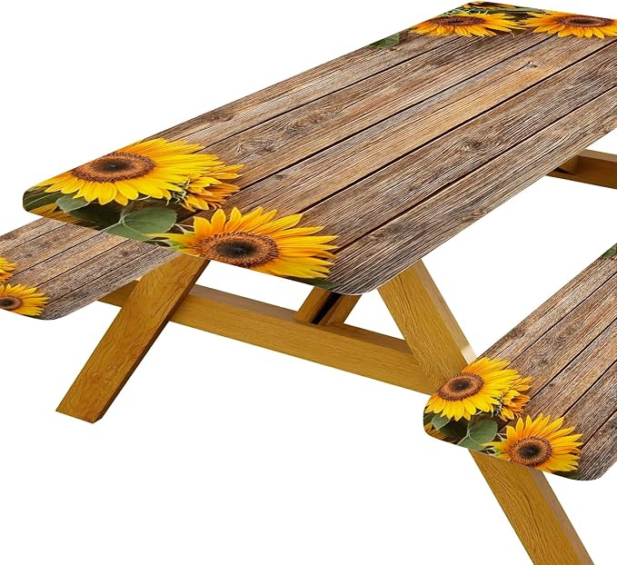 Sunflower Picnic Table Cover with Bench Covers, Waterproof Windproof, Camping Essentials, Fitted Tablecloth Cover with Elastic Edge, for Indoor & Outdoor, Garden, Camping, 3 Pieces Set, 30x60 Inch