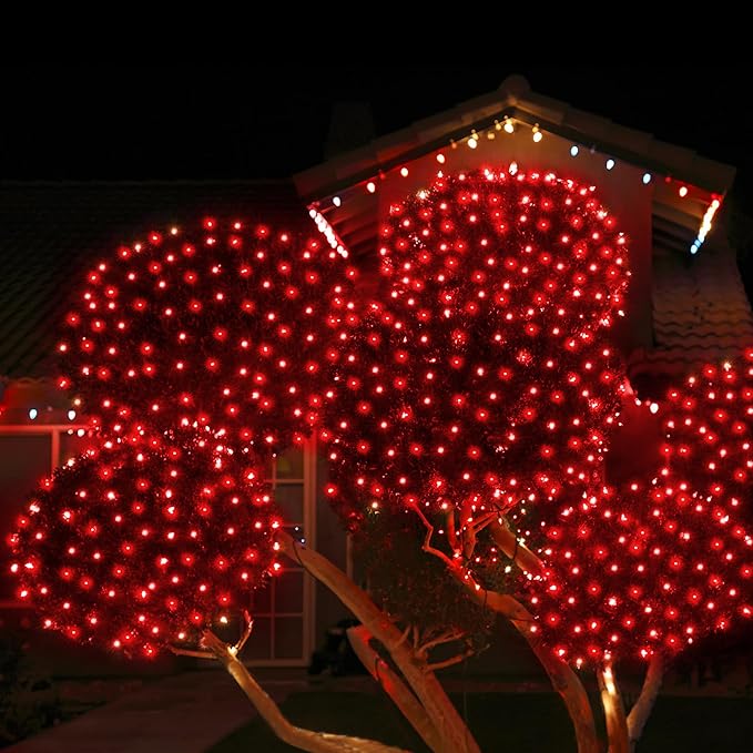 WBao Christmas Net Lights, 360LED 11.5ft x 6.9ft Christmas Lights with 8 Modes, Timer, End to End Connectable, Waterproof Design for Lawn, Bushes, Trees Outdoor Xmas Decorations, Red