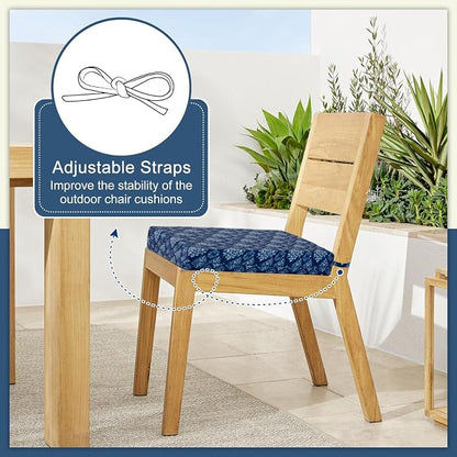 Cozyide Outdoor Chair Cushions, Waterproof Patio Seat Cushions with Adjustable Straps, Square Corner Patio Chair Cushions for Garden, Indigo Badge, 18.5x16x3 Inch (Pack of 4)
