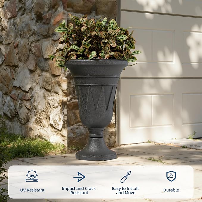 24"Tall Urn Planters for Outdoor Plants, Urns and Pedestal Set of 2 | Resin HDPE Weather-Resistant Material, Vintage Trophy Design Outdoor Planters with Drainage Holes, Flower Pot/Vase/Porch Door