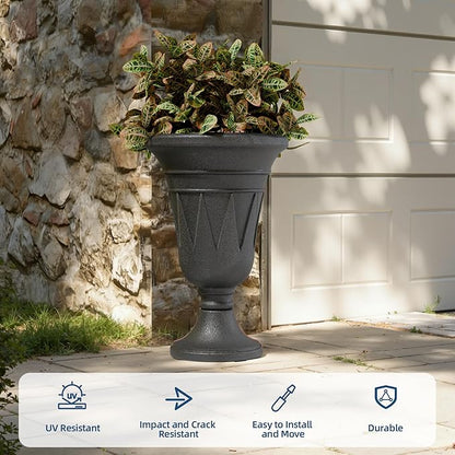 24"Tall Urn Planters for Outdoor Plants, Urns and Pedestal Set of 2 | Resin HDPE Weather-Resistant Material, Vintage Trophy Design Outdoor Planters with Drainage Holes, Flower Pot/Vase/Porch Door
