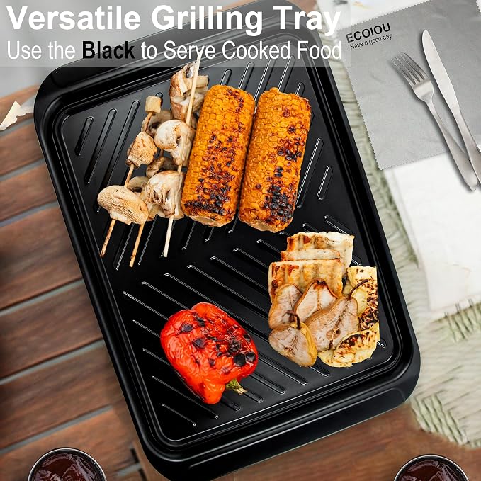 ECOIOU Grilling Prep and Serving Tray with Lid, BBQ Deep Tray for Marinating Raw and Cooked Food, Melamine Serving Trays for Food, Black and Red