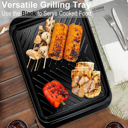 ECOIOU Grilling Prep and Serving Tray with Lid, BBQ Deep Tray for Marinating Raw and Cooked Food, Melamine Serving Trays for Food, Black and Red