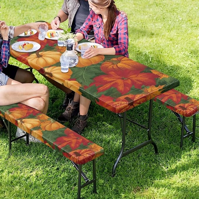 Thanksgiving Elastic Fitted Table Cloth for Camping Party Supplies 3 PCS Set Classic Pumpkin Maple Leaf Outdoor Picnic Table Cover with Bench Covers