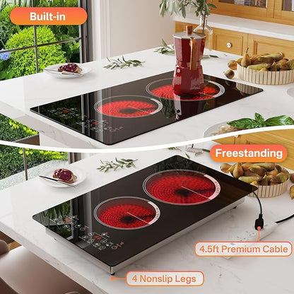 12 Inch 2 Burner Electric Cooktop, 2000W Double Ceramic Glass Stove Top with Touch Control or Slider Control & Infrared Heating, 9 Power Levels, Timer, Child Lock