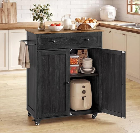 VASAGLE Mobile Kitchen Island, Portable Island on Wheels, Mobile Cart with Storage Cabinet for Dinning Room, 15.8 x 30.9 x 35.1 Inches, Ink Black and Honey Brown UKKI009BA01S