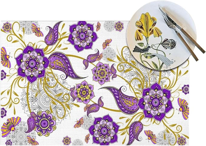 Boho Floral Placemats Set of 4 Linen Flower Decorative Place Mats | Washable Non-Slip Heat-Resistant Purple Kitchen Table Mats for Dining Outdoor Party Home Decor 12x18 Inch