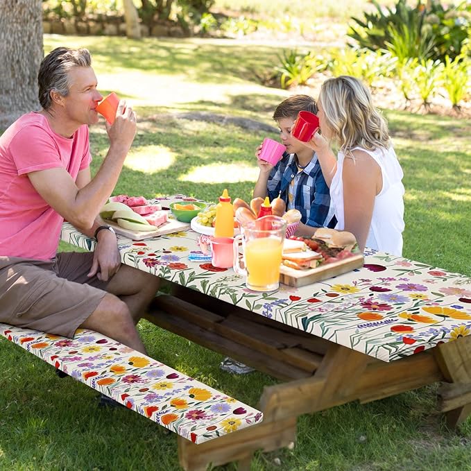 Picnic Table Cover with Bench Covers, Wildflower Boho, 72 Inch | 3PCS Camper fitted waterproof outdoor camping tablecloth essentials with elastic edges and drawstring bag