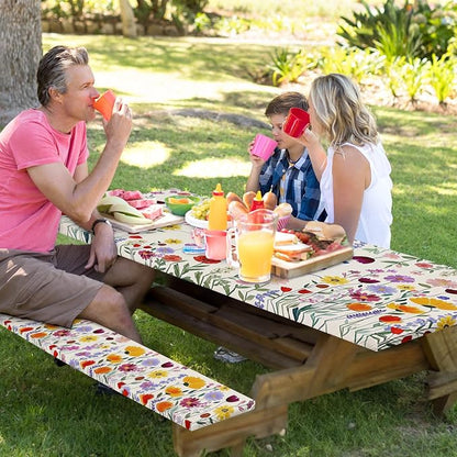 Picnic Table Cover with Bench Covers, Wildflower Boho, 72 Inch | 3PCS Camper fitted waterproof outdoor camping tablecloth essentials with elastic edges and drawstring bag