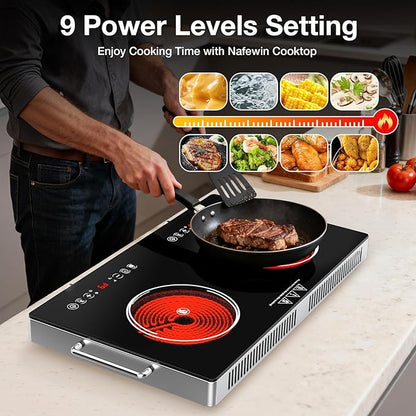 2 Burner Electric Cooktop 110V, 4000W Portable Electric Stove Infrared Hot Plate, 24 inch Countertop Burners with Handle, 3-Hours Timing Setting & Kid Safety Lock, Compatible for All Cookwares