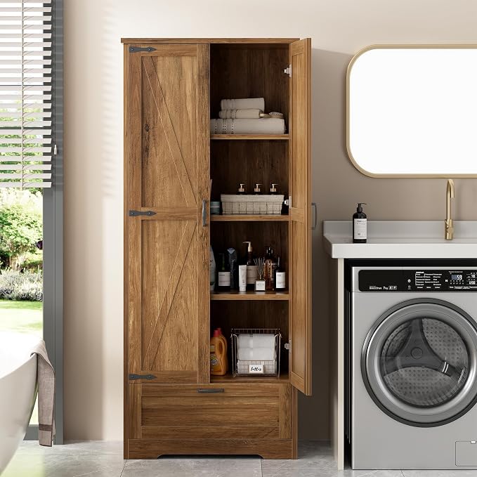 Shintenchi Kitchen Pantry Cabinet, Freestanding Farmhouse Storage Cabinet with 4 Shelves and 1 Drawer, Tall Cupboard for Kitchen, Living Room, Dining Room and Bathroom, Rustic Brown