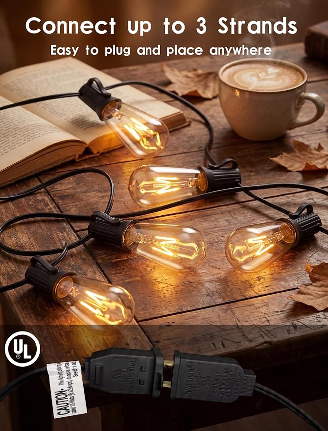 SUNSGNE 20FT Edison String Lights with 22 7W Clear Edison Bulbs, ST40 Patio Outdoor String Lights for Christmas Hanging Backyard Porch Balcony Party Decoration Lights, E17/C9 Socket Base, Black Wire